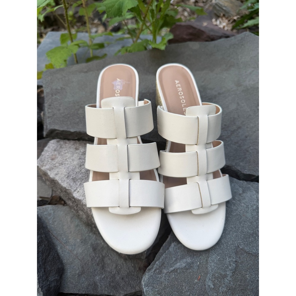 Aerosoles Wren Women 7M Cream Off White Strappy Wedge Espadrille Slide‎ Sandals